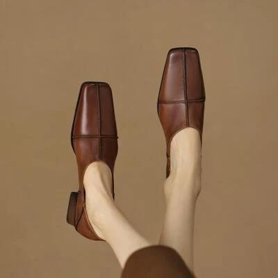 Women's Formal Casual Leather Autumn Pump Pull On Chunky Heel Square Toe Shoes - Imagem 1 de 4