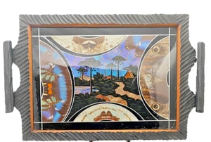 VTG BUTTERFLY WING IRIDESCENT BIG TRAY 17", w/GLASS & GROOVED WOOD, c1960 vg - Picture 1 of 6