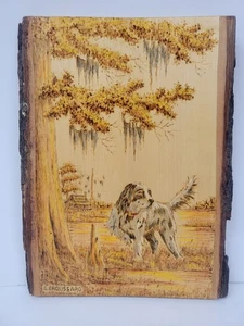 Antique Pyrography Wood Burn Picture Hunting Dog Hound Art - Picture 1 of 6