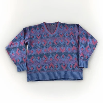 Suéter De Colección Isla de Algodón Para Hombres M Azul Diamante Sudadera Cosby Abuelo Años 90 Foto 1 de 4