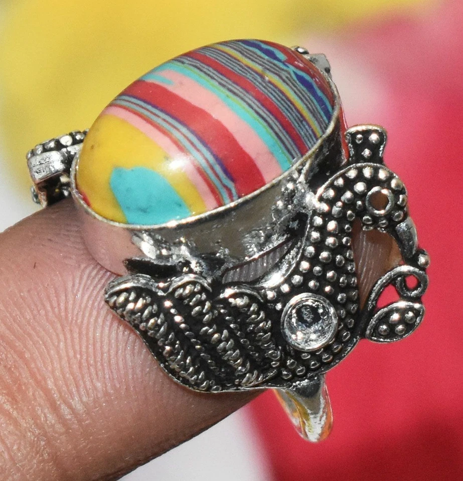 Rainbow Calsilica Gemstone Ring Duck Style Silver Plated Us Size 6"  U328-A119 - Image 1 of 1