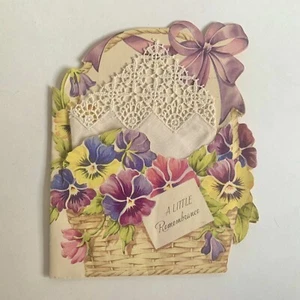 Vintage 1950s Handkerchief Birthday Greeting Card Floral Hankie Pansy Purple - Picture 1 of 10
