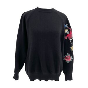 Tiffany Ann Embroidered Skull Skeleton Floral Pull-Over Sweater Black size Small