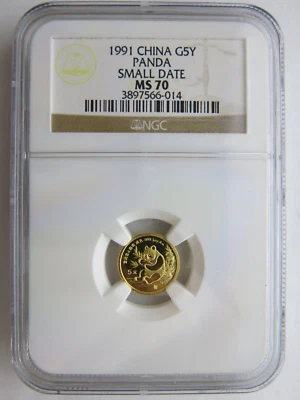 Moneda china de 5 yuanes 1991 1/20 oz oro panda China NGC MS70 fecha pequeña Foto 1 de 2