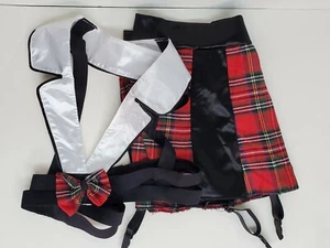 School girl fetish costume red black plaid garters strappy top Sz M very sexy - Picture 1 of 12