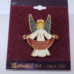 Christmas Brooch Pin Angel Christmas blessings signed CAMCO Cathedral ART  - Picture 1 of 3