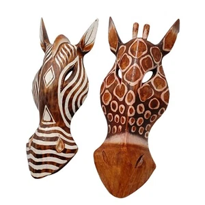 Juego de 2 Máscaras de Madera Faciales Jirafa Caballos Animal Percha Safari No. Decoración de arte de pared 28 - Imagen 1 de 12