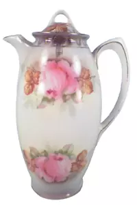 ES Preußen Schokoladenkanne handbemalt rosa Rosen Porzellan Germany - Bild 1 von 7