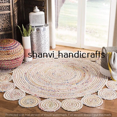 Hand Woven Jute Cotton Round Handmade Rug Braided Rug Multi Chindi Round Rag Rug - Image 1 of 4