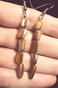 dainty brown tan abalone sea shell traingle chip + silver tone dangle earrings - Picture 1 of 1