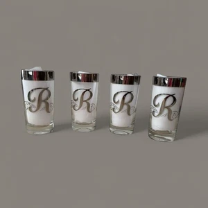 Set of 4 Vintage Silver Rim Highball Glasses Monogram R MCM Barware 5.5" - Picture 1 of 11