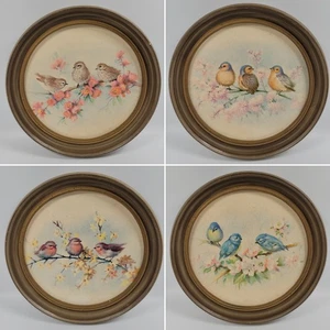 VTG Song Birds On Branch Print Gallery Wall Art Round Wood Look Frames Set Of 4 - Picture 1 of 12