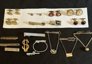 VTG Mens Estate Jewelry 11 TIE CLIPS & CHAINS 5 Sets CUFFLINKS & 1 BUTTON STUDS - Picture 1 of 24