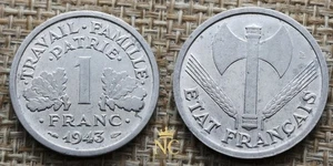 Coin France – 1943 – 1 franc Francisque Aluminium Léger (1.30 gr) – VF - Picture 1 of 3