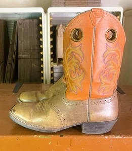 JUSTIN Youth Size 5.5 D Orange Brown Leather Square Toe Cowboy Boots 2522JR - Picture 1 of 11