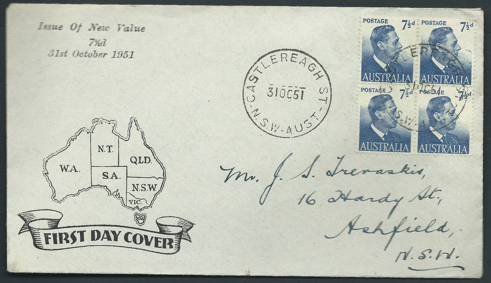 1951 KGVI 7 1/2d Blue Block of 4 Australia SMYTH FDC CASTLEREAGH ST NSW CDS - Image 1 of 1