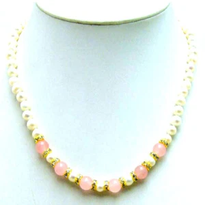 6mm Natural Freshwater White Pearl Necklace for Women 8mm Pink Jade Chokers 17" - Picture 1 of 3