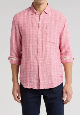 Tommy Bahama Ventana Plaid Linen Button-Up Shirt X-Large, CARMINE PINK - Image 1 of 3