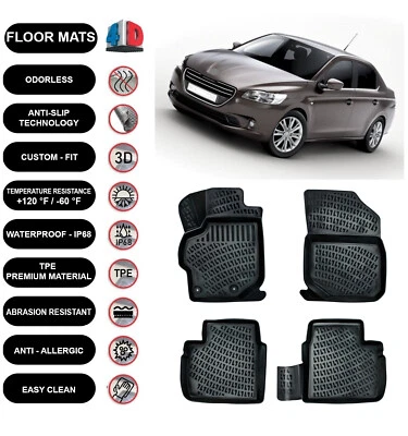 Floor Mats Liner Fits Peugeot 301 (2012-2023) Waterproof 4d Molded 4pcs - Image 1 of 4