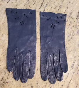 Guanti vintage taglia L 7,5 blu pelle morbida formali 8,5" occhiello ricamato fiore - Foto 1 di 22