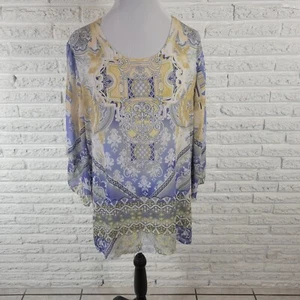 JM Collection Womens Top XL Tunic Split 3/4 Sleeve Blue Geometric Studded Lined - Picture 1 of 11