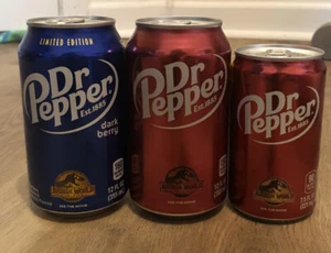 jurassic world dominion Dr pepper soda cans Regular, Mini, And Dark Berry (3 New - Picture 1 of 6