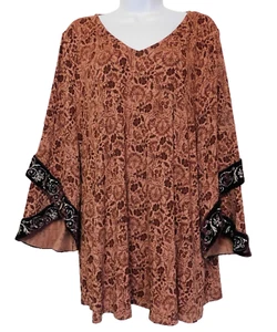 Túnica floral suave envolvente cuello en V Top L vino Verona terciopelo mangas campana - Imagen 1 de 8