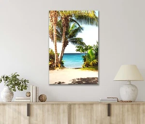 Arte de pared estampado en lienzo o metal Sunny Beach con palmeras y océano azul 40x60 cm - Imagen 1 de 4