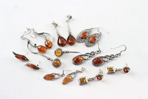 Sterling Silver Amber Earrings Vintage Drop Statement Baltic Cognac x 8 (38g) - Picture 1 of 6