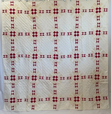 Beautiful Antique Red, Tan, & White Pieced Cross Grid Quilt 76"x79" NICE! - Image 1 of 4