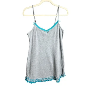 Y2K Cotton PJ Dress Lace Trim Gray Blue Coquette Nightgown SZ L Vintage Sleep - Picture 1 of 9