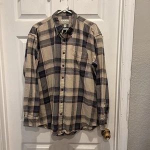 Camisa de franela Cabela's para hombre L alta beige azul a cuadros botón delantero manga larga - Imagen 1 de 7