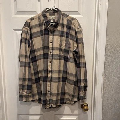 Camisa de franela Cabela's para hombre L alta beige azul a cuadros botón delantero manga larga Foto 1 de 4