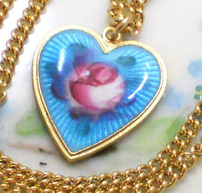 #1457 Vintage Sarah Coventry Signed Necklace Guilloche Enamel Heart Charm Blue