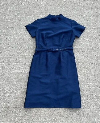 Vestido de Colección Para Mujer Años 60 Cambio Manga Corta Azul Marino Lana Forro Seda S/M Foto 1 de 4
