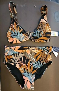 Large 2 Piece Aqua Couture Swim Bottoms &Top Curvy Orange Black Tan Leaf NWT 85 - Picture 1 of 5