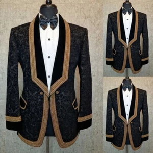 Luxury Gold Shawl Lapel Jacquard Black Suit for Men Double Breasted Jacket Only - Picture 1 of 7