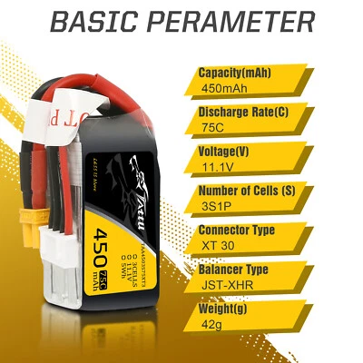 Tattu 450mAh 11.1V 75C 3S Lipo Battery XT30 Plug For FPV Drone Quadcopter Heli - Image 1 of 4