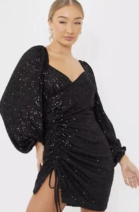 GEORGIA LOUISE BLACK SEQUIN PUFF SLEEVE RUCHED DRESS SIZE 16 - Picture 1 of 4