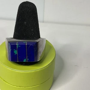 Anello Vintage Taxco Argento Sterling Azurite Blu Verde Misura 14 Quadrato 17,3g Marca - Foto 1 di 11