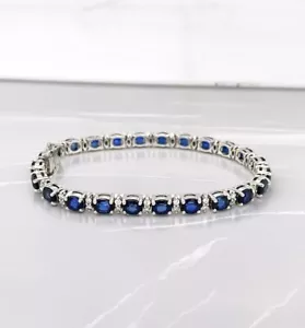 12.00 Ct Oval Cut Natural Sapphire Diamond Line Tennis Bracelet 14K White Gold - Picture 1 of 4