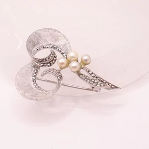 Elegant 925 Vintage Pearl & Marcasite Silver Brooch - Picture 1 of 8