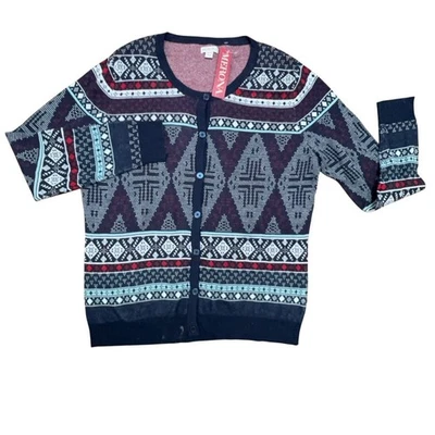 MERONA Cardigan Women's Size 2XL Sweater Fair Isle Blue Long Sleeve Round Neck - Image 1 of 4