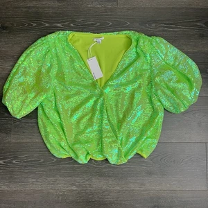 BTFL Life Pailletten grün Crop Top Damen Größe XL Puffärmel Abend Glamour Neu mit Etikett - Bild 1 von 5