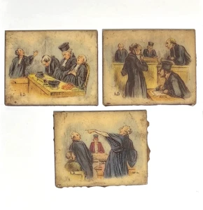3 QUADRI ARTINI ISPIRATI A HONORE DAUMIER INCISI E DIPINTI A MANO, COUTROOM - Foto 1 di 4