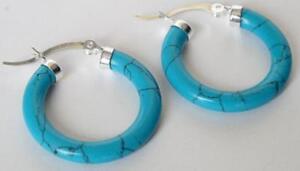 1.2IN  Blue Turquoise 925 Sterling Silver Ring Hoop Leverback Earrings