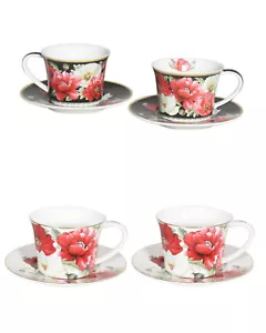 2 Cups & 2 Saucers Poppies Poppy Fine Bone China Xmas Gift White Black - Picture 1 of 3