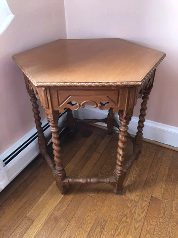 Ornate Antique Vintage Refinished Oak Barley Twist Hexagon Table Cover