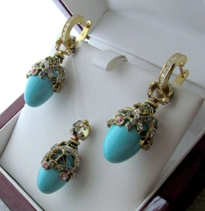 TURQUOISE EARRINGS & PENDANT SET HANDMADE RUSSIAN SOLID STERLING SILVER 925 - Picture 1 of 12