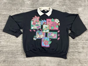 Vintage Karen Blake Sweatshirt Womens XL Black Floral Collared Grandmacore - Picture 1 of 13